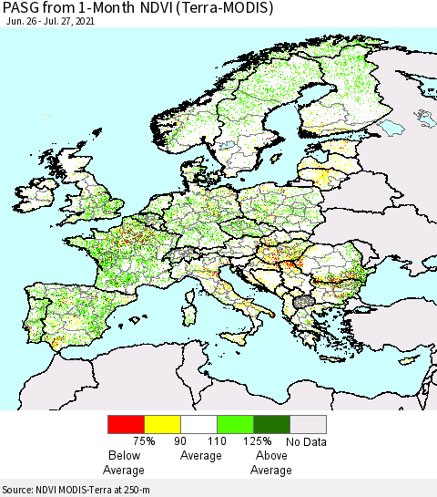 Europe PASG from 1-Month NDVI (Terra-MODIS) Thematic Map For 7/20/2021 - 7/27/2021