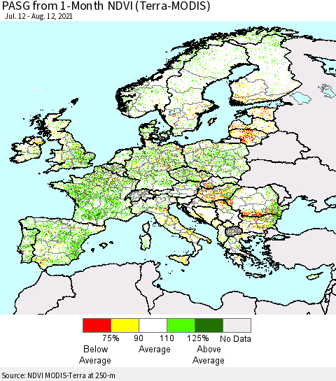 Europe PASG from 1-Month NDVI (Terra-MODIS) Thematic Map For 8/5/2021 - 8/12/2021