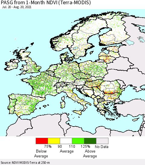 Europe PASG from 1-Month NDVI (Terra-MODIS) Thematic Map For 8/13/2021 - 8/20/2021