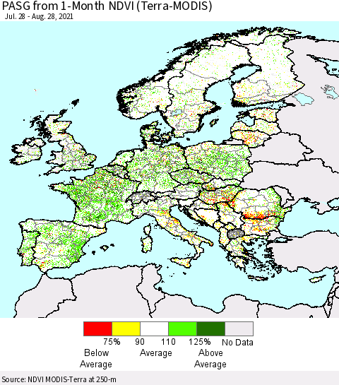 Europe PASG from 1-Month NDVI (Terra-MODIS) Thematic Map For 8/21/2021 - 8/28/2021