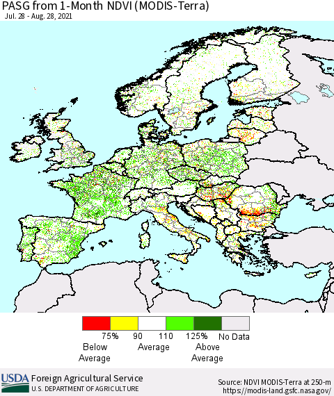 Europe PASG from 1-Month NDVI (Terra-MODIS) Thematic Map For 8/21/2021 - 8/31/2021
