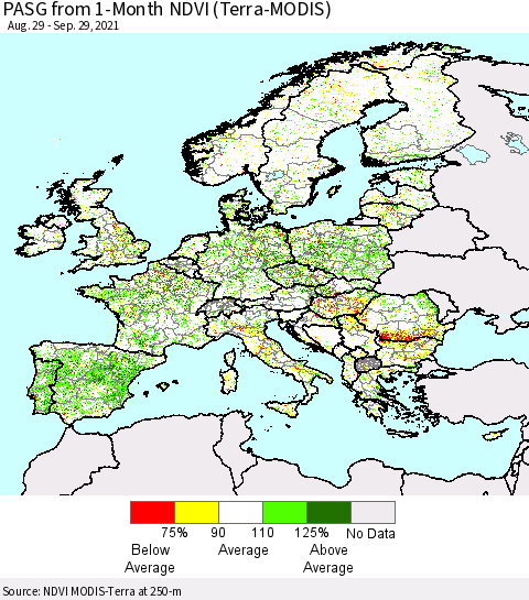 Europe PASG from 1-Month NDVI (Terra-MODIS) Thematic Map For 9/22/2021 - 9/29/2021