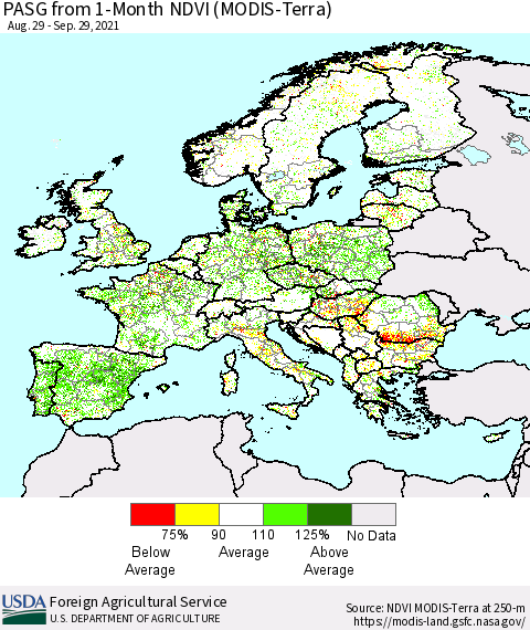 Europe PASG from 1-Month NDVI (Terra-MODIS) Thematic Map For 9/21/2021 - 9/30/2021