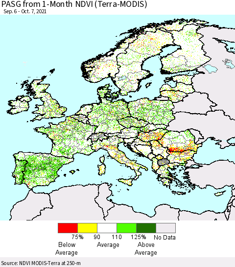 Europe PASG from 1-Month NDVI (Terra-MODIS) Thematic Map For 9/30/2021 - 10/7/2021