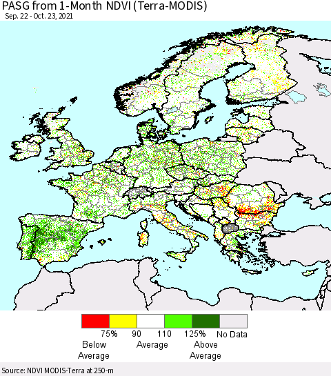 Europe PASG from 1-Month NDVI (Terra-MODIS) Thematic Map For 10/16/2021 - 10/23/2021