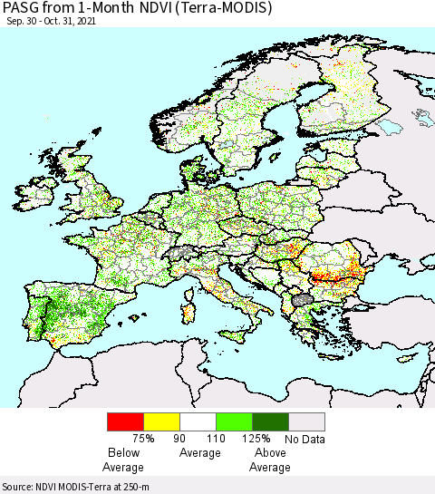 Europe PASG from 1-Month NDVI (Terra-MODIS) Thematic Map For 10/21/2021 - 10/31/2021