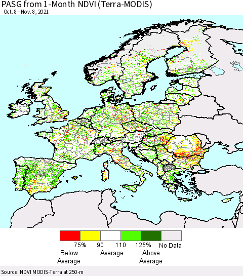 Europe PASG from 1-Month NDVI (Terra-MODIS) Thematic Map For 11/1/2021 - 11/8/2021