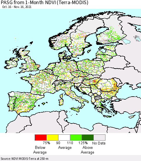 Europe PASG from 1-Month NDVI (Terra-MODIS) Thematic Map For 11/9/2021 - 11/16/2021