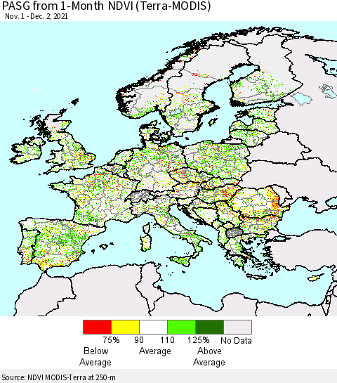 Europe PASG from 1-Month NDVI (Terra-MODIS) Thematic Map For 11/25/2021 - 12/2/2021