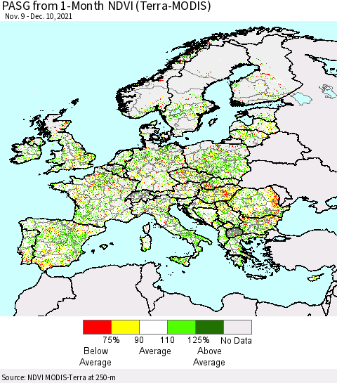 Europe PASG from 1-Month NDVI (Terra-MODIS) Thematic Map For 12/3/2021 - 12/10/2021