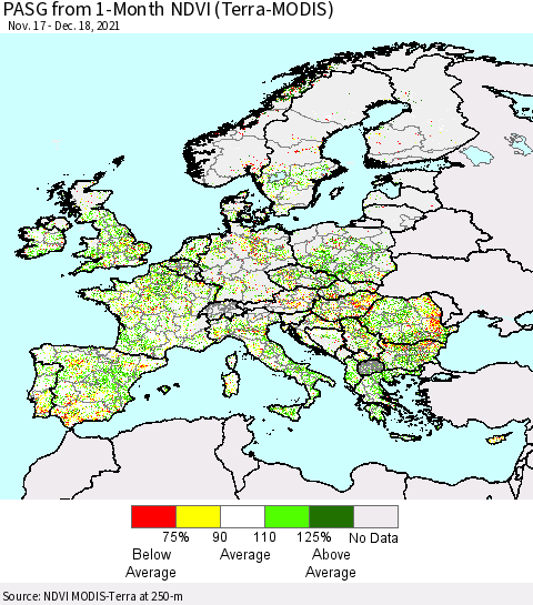 Europe PASG from 1-Month NDVI (Terra-MODIS) Thematic Map For 12/11/2021 - 12/18/2021