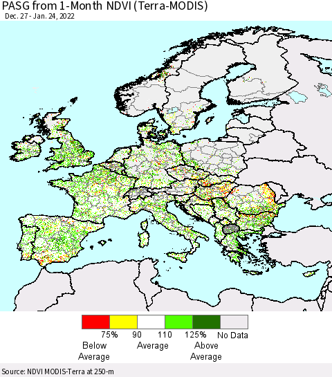 Europe PASG from 1-Month NDVI (Terra-MODIS) Thematic Map For 1/17/2022 - 1/24/2022