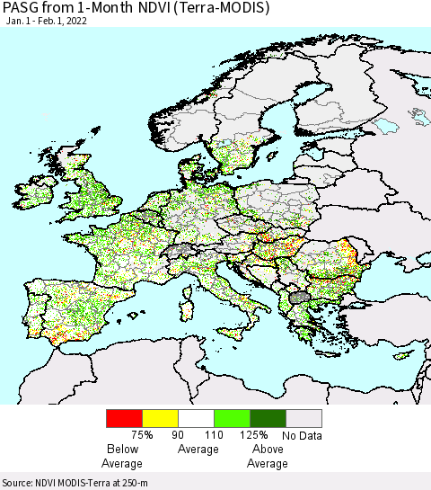 Europe PASG from 1-Month NDVI (Terra-MODIS) Thematic Map For 1/25/2022 - 2/1/2022