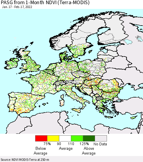 Europe PASG from 1-Month NDVI (Terra-MODIS) Thematic Map For 2/10/2022 - 2/17/2022