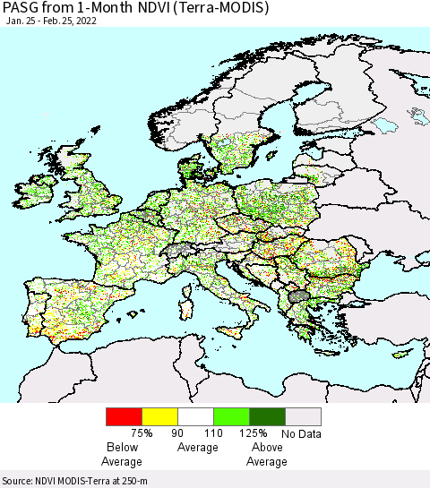 Europe PASG from 1-Month NDVI (Terra-MODIS) Thematic Map For 2/18/2022 - 2/25/2022