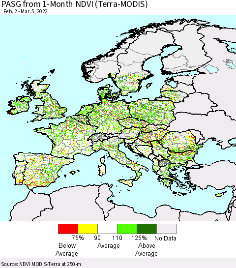 Europe PASG from 1-Month NDVI (Terra-MODIS) Thematic Map For 2/26/2022 - 3/5/2022