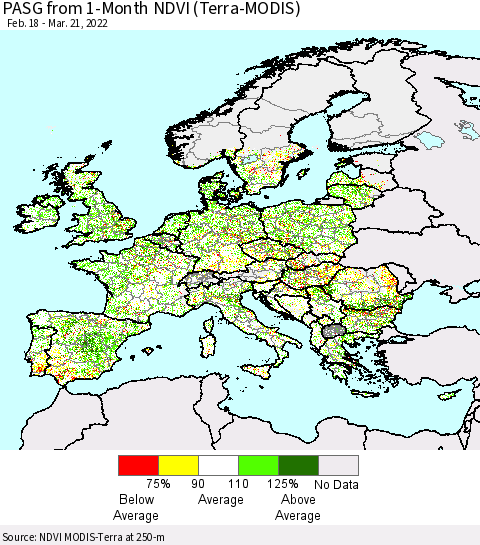 Europe PASG from 1-Month NDVI (Terra-MODIS) Thematic Map For 3/14/2022 - 3/21/2022