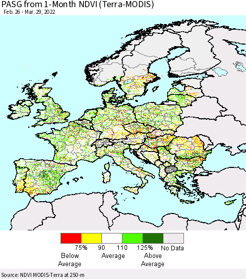 Europe PASG from 1-Month NDVI (Terra-MODIS) Thematic Map For 3/22/2022 - 3/29/2022