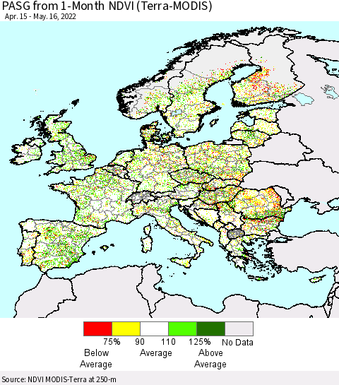 Europe PASG from 1-Month NDVI (Terra-MODIS) Thematic Map For 5/9/2022 - 5/16/2022