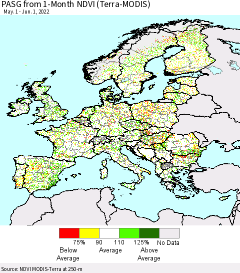 Europe PASG from 1-Month NDVI (Terra-MODIS) Thematic Map For 5/25/2022 - 6/1/2022