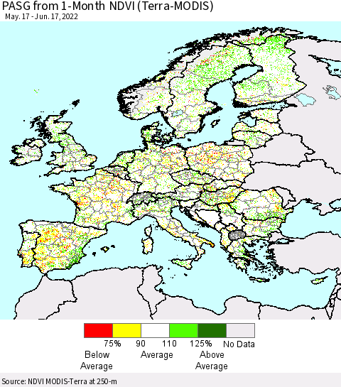 Europe PASG from 1-Month NDVI (Terra-MODIS) Thematic Map For 6/10/2022 - 6/17/2022