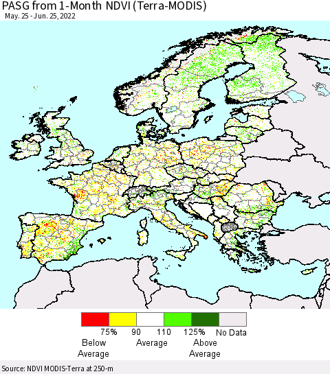 Europe PASG from 1-Month NDVI (Terra-MODIS) Thematic Map For 6/18/2022 - 6/25/2022