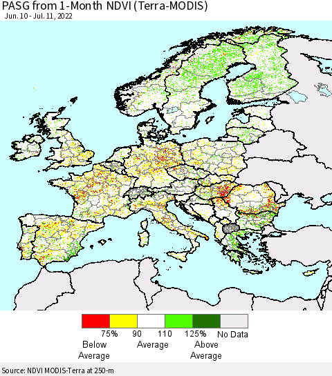 Europe PASG from 1-Month NDVI (Terra-MODIS) Thematic Map For 7/4/2022 - 7/11/2022