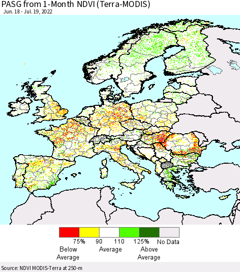 Europe PASG from 1-Month NDVI (Terra-MODIS) Thematic Map For 7/12/2022 - 7/19/2022