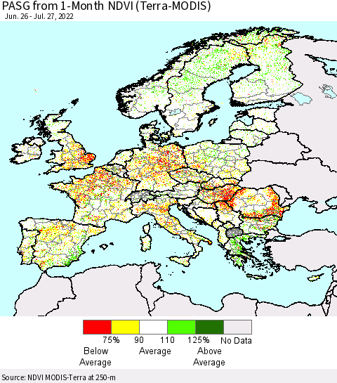 Europe PASG from 1-Month NDVI (Terra-MODIS) Thematic Map For 7/20/2022 - 7/27/2022