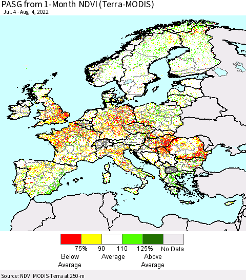 Europe PASG from 1-Month NDVI (Terra-MODIS) Thematic Map For 7/28/2022 - 8/4/2022