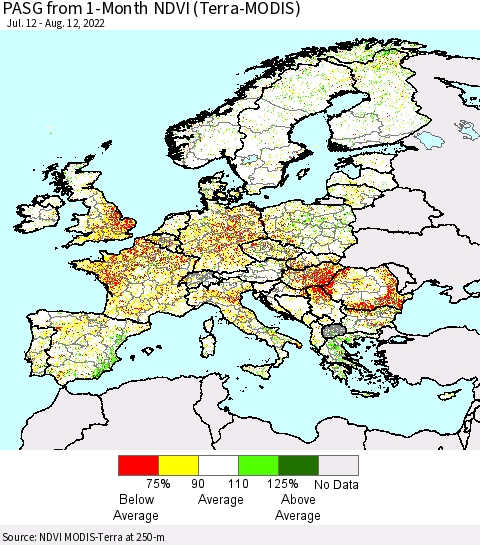 Europe PASG from 1-Month NDVI (Terra-MODIS) Thematic Map For 8/5/2022 - 8/12/2022