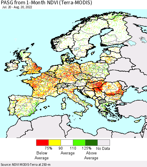 Europe PASG from 1-Month NDVI (Terra-MODIS) Thematic Map For 8/13/2022 - 8/20/2022
