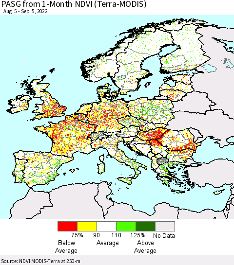 Europe PASG from 1-Month NDVI (Terra-MODIS) Thematic Map For 8/29/2022 - 9/5/2022