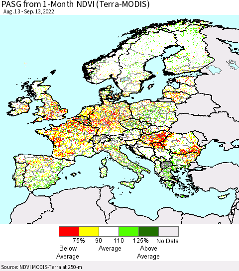 Europe PASG from 1-Month NDVI (Terra-MODIS) Thematic Map For 9/6/2022 - 9/13/2022