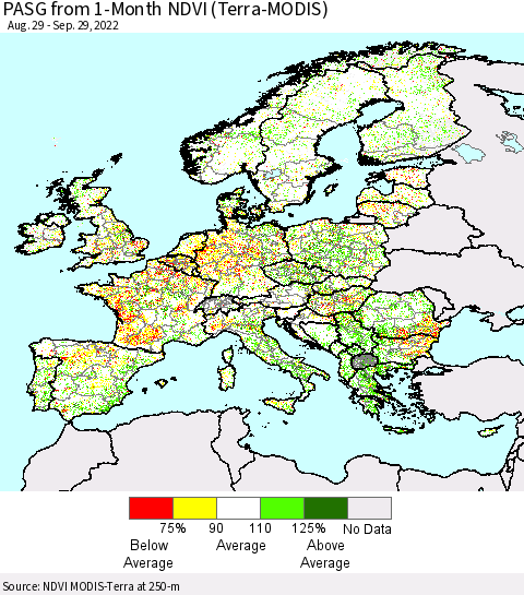 Europe PASG from 1-Month NDVI (Terra-MODIS) Thematic Map For 9/22/2022 - 9/29/2022