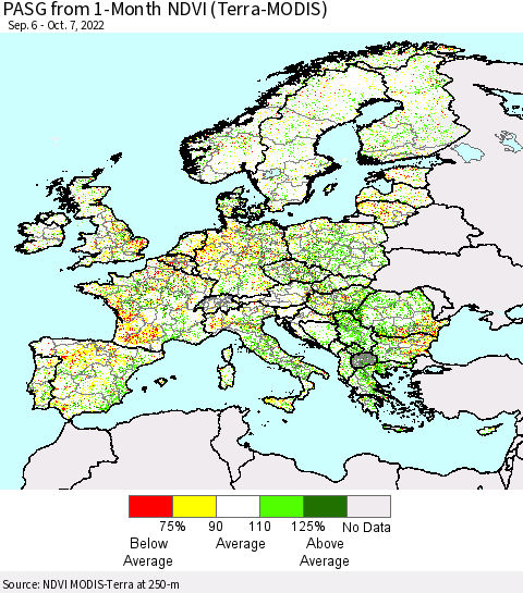 Europe PASG from 1-Month NDVI (Terra-MODIS) Thematic Map For 9/30/2022 - 10/7/2022