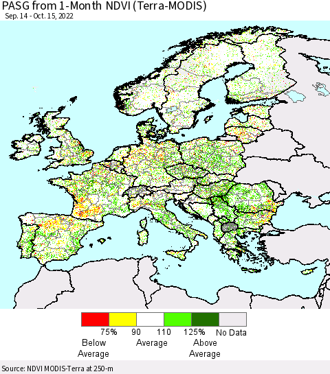Europe PASG from 1-Month NDVI (Terra-MODIS) Thematic Map For 10/8/2022 - 10/15/2022