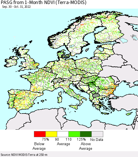 Europe PASG from 1-Month NDVI (Terra-MODIS) Thematic Map For 10/24/2022 - 10/31/2022