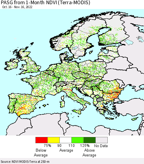 Europe PASG from 1-Month NDVI (Terra-MODIS) Thematic Map For 11/9/2022 - 11/16/2022
