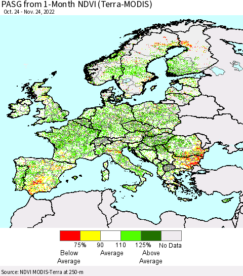 Europe PASG from 1-Month NDVI (Terra-MODIS) Thematic Map For 11/17/2022 - 11/24/2022