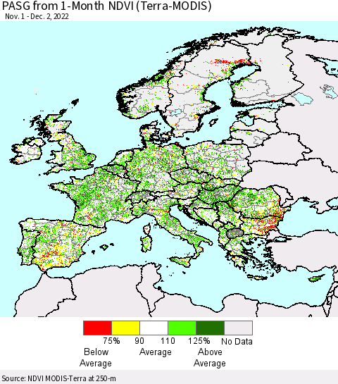 Europe PASG from 1-Month NDVI (Terra-MODIS) Thematic Map For 11/25/2022 - 12/2/2022