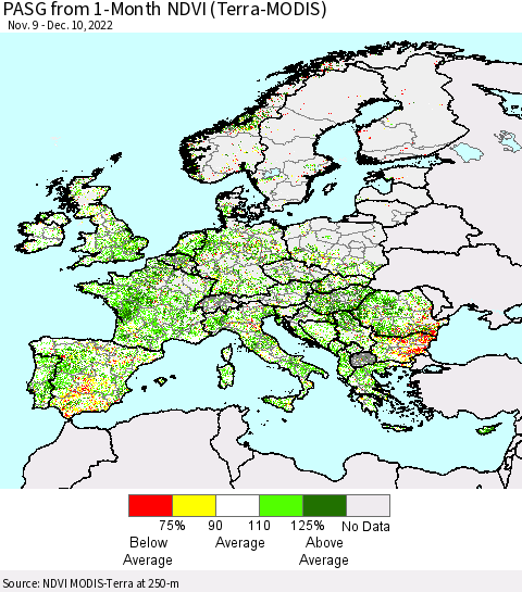 Europe PASG from 1-Month NDVI (Terra-MODIS) Thematic Map For 12/3/2022 - 12/10/2022