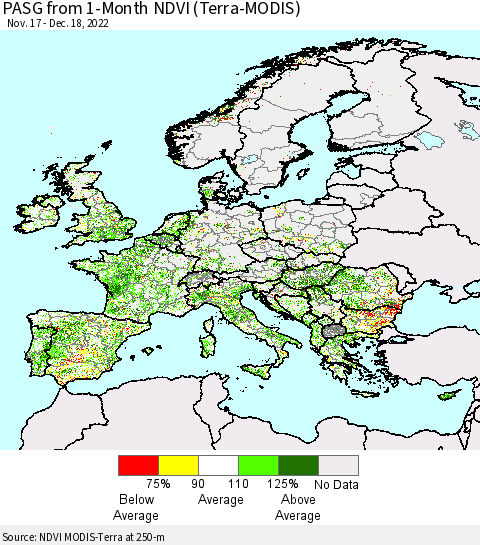Europe PASG from 1-Month NDVI (Terra-MODIS) Thematic Map For 12/11/2022 - 12/18/2022