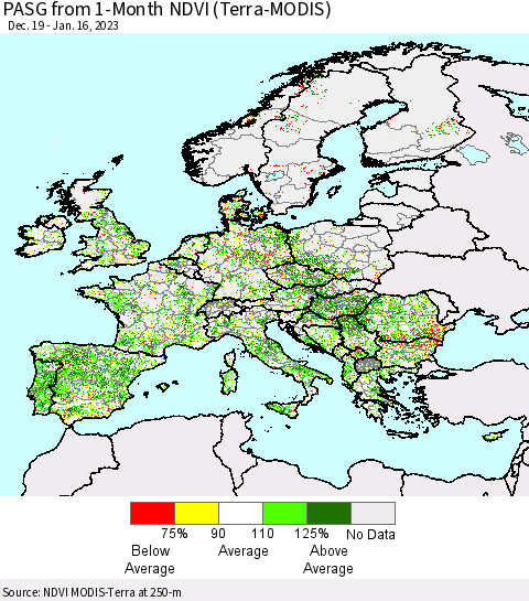 Europe PASG from 1-Month NDVI (Terra-MODIS) Thematic Map For 1/9/2023 - 1/16/2023