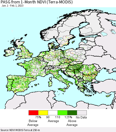 Europe PASG from 1-Month NDVI (Terra-MODIS) Thematic Map For 1/25/2023 - 2/1/2023