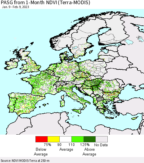 Europe PASG from 1-Month NDVI (Terra-MODIS) Thematic Map For 2/2/2023 - 2/9/2023