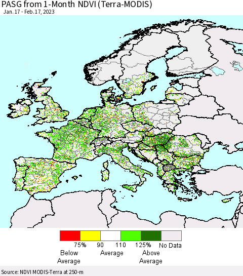 Europe PASG from 1-Month NDVI (Terra-MODIS) Thematic Map For 2/10/2023 - 2/17/2023