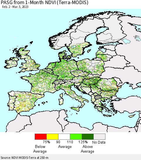 Europe PASG from 1-Month NDVI (Terra-MODIS) Thematic Map For 2/26/2023 - 3/5/2023