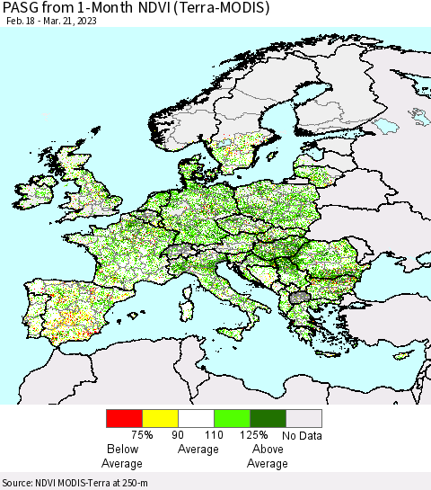 Europe PASG from 1-Month NDVI (Terra-MODIS) Thematic Map For 3/14/2023 - 3/21/2023