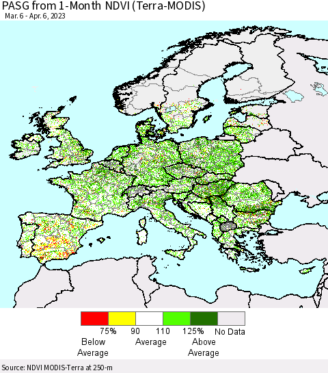 Europe PASG from 1-Month NDVI (Terra-MODIS) Thematic Map For 3/30/2023 - 4/6/2023